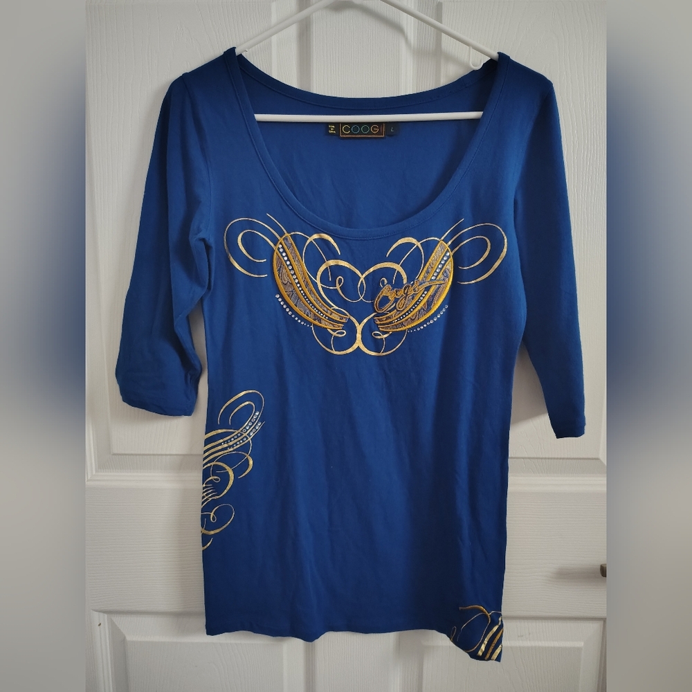 COOGI Women's Blue Long Sleeve Top with Gold Accents